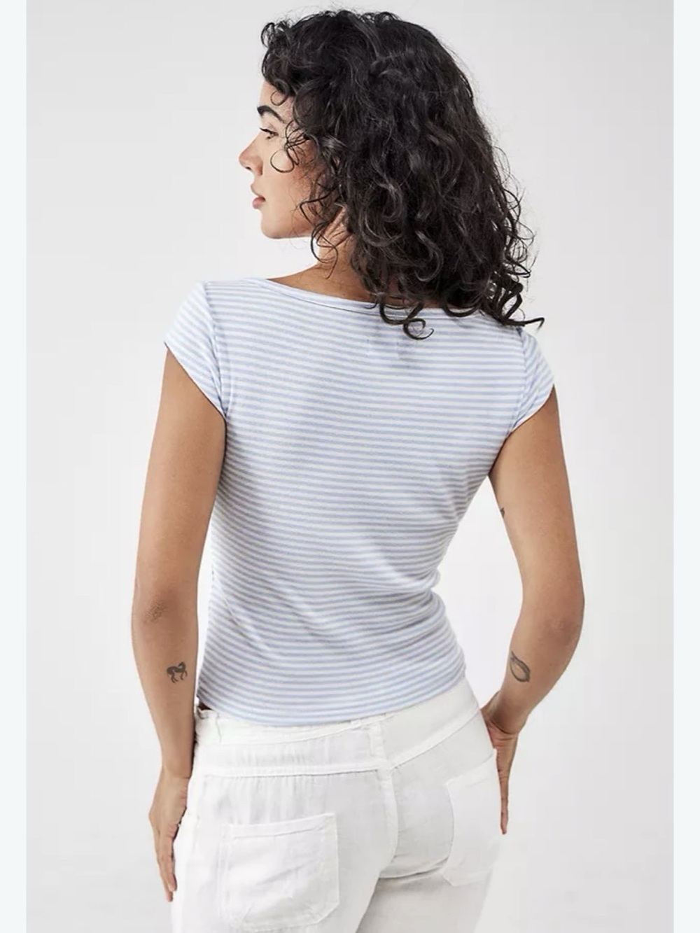 Brandy Melville Blue and White Striped Boat Neck Top